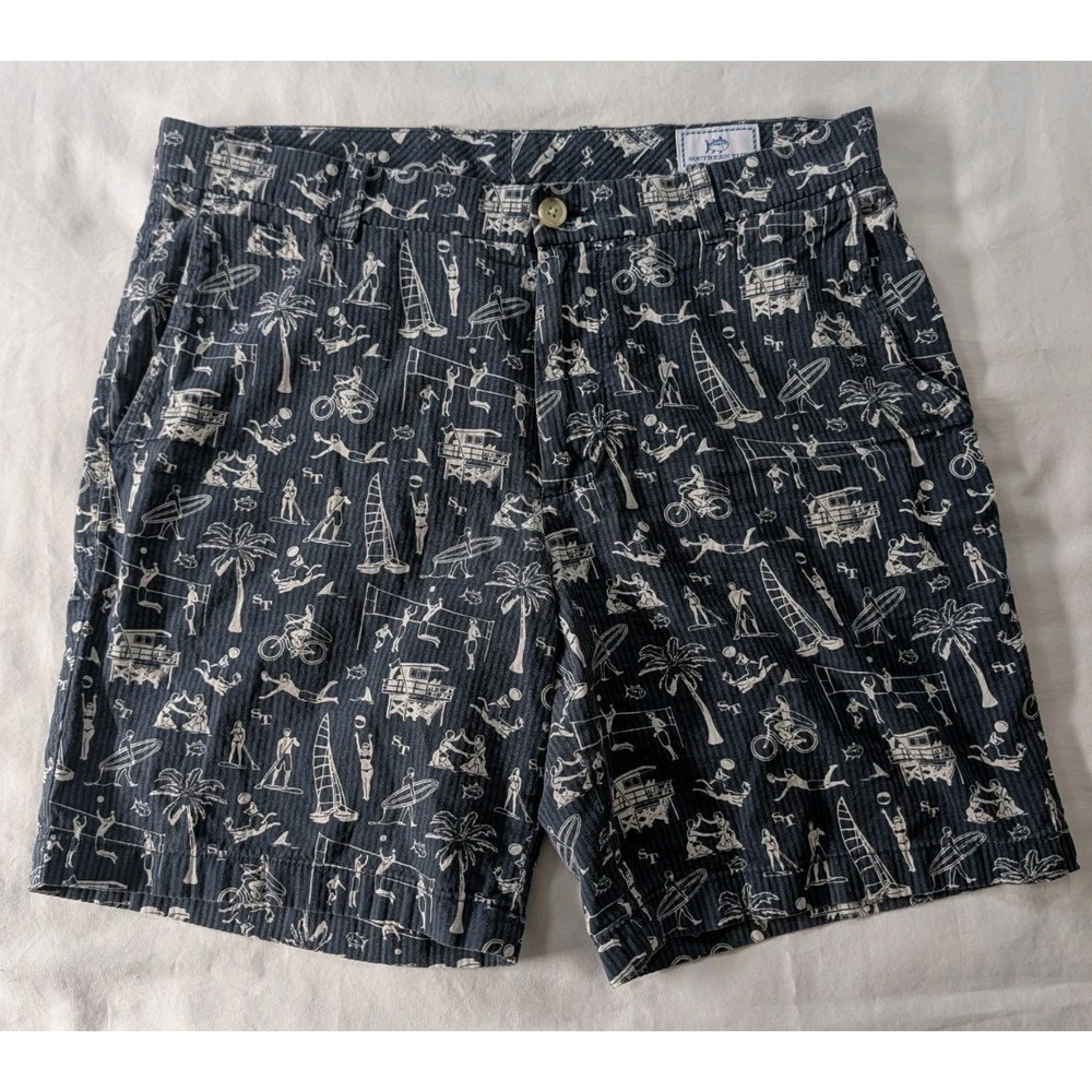 Southern Tide Mens Shorts Size 34 Blue White Beach‎ Print Corduroy Summer Fish